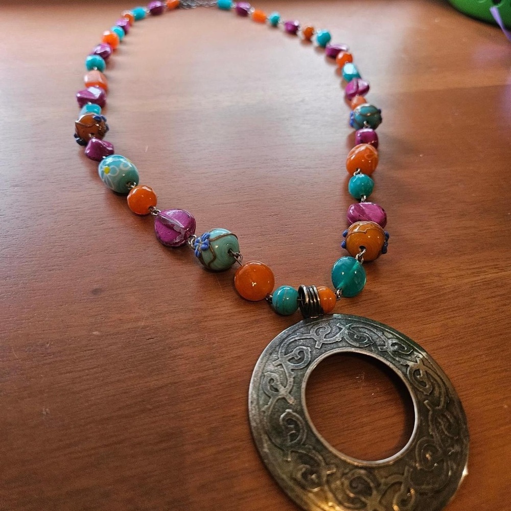 Colorful Beaded Necklace with Ornate Silver-Tone Pendant